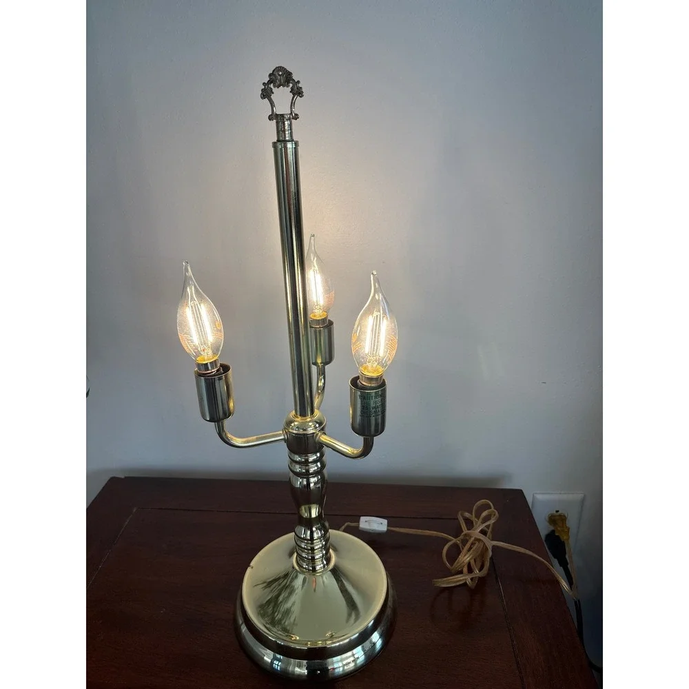 Vintage‎ Brass 3 Light Candelabra Table Lamp Traditional Hollywood Regency Style